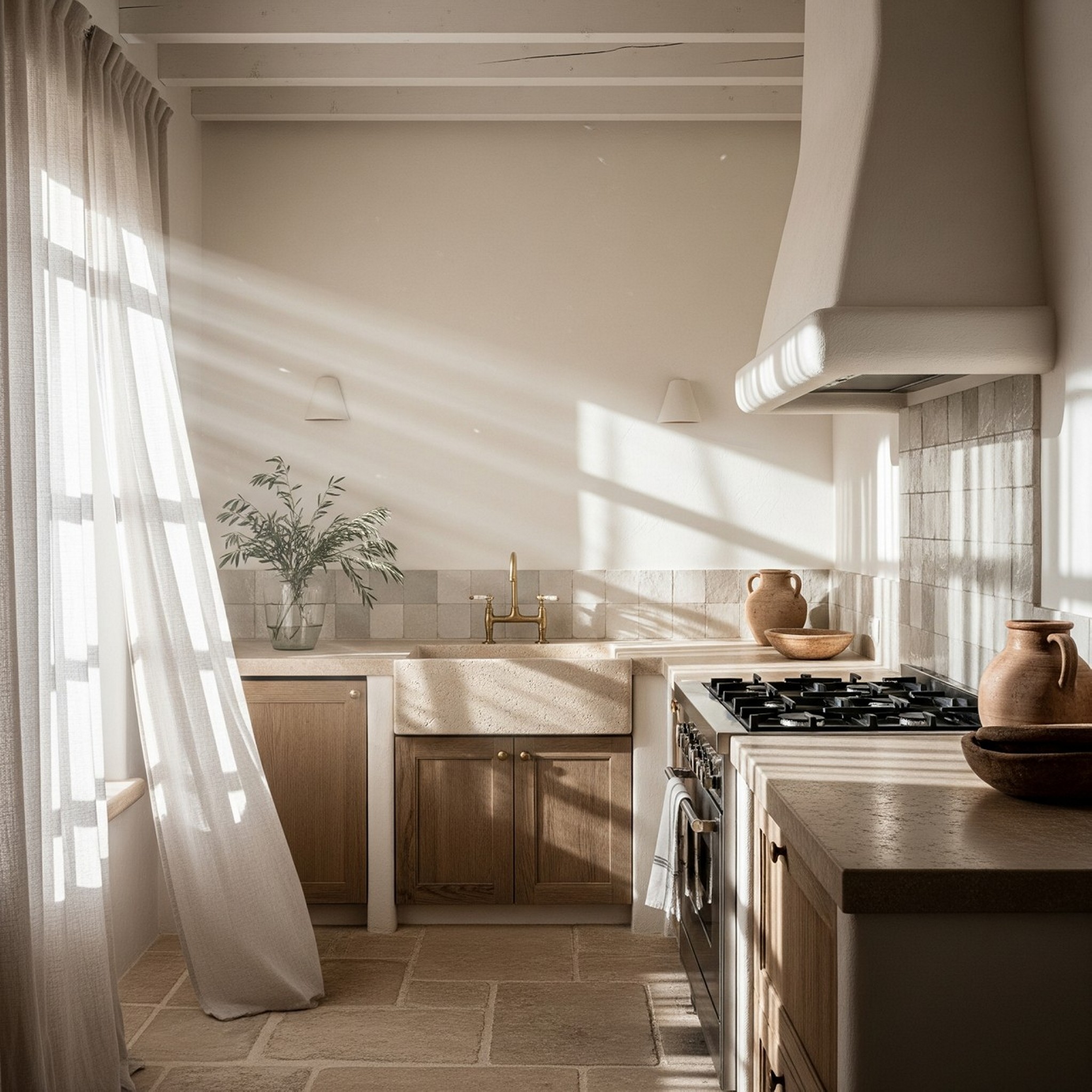 Cocina de estilo mediterráneo luminosa con suelo de piedra natural, muebles de madera rústica y encimera de obra.